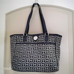 Tommy Hilfiger Tan Brown & Black Purse Double Handles & Siver Logo Tote GUC